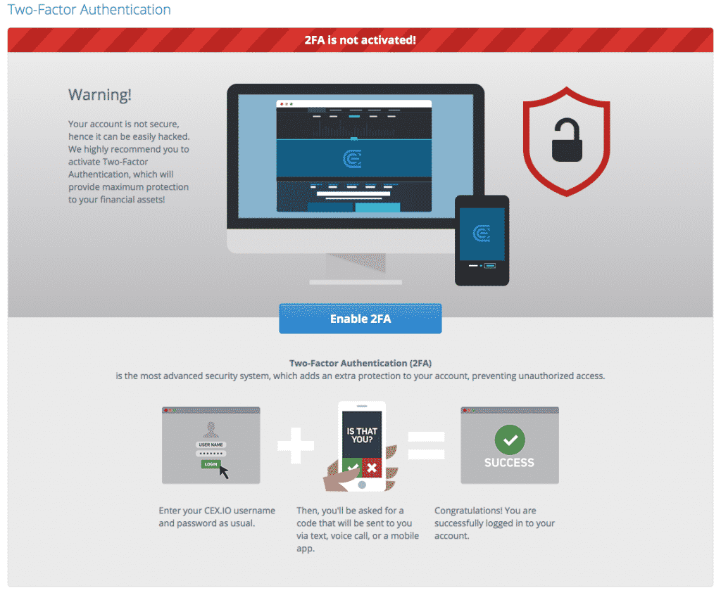 2FA verification screen shot on cex.io