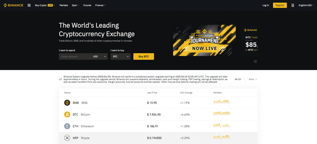 binance exchange screenshot