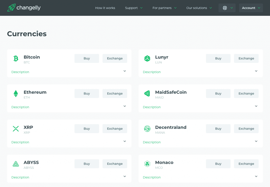 changelly altcoin section screenshot