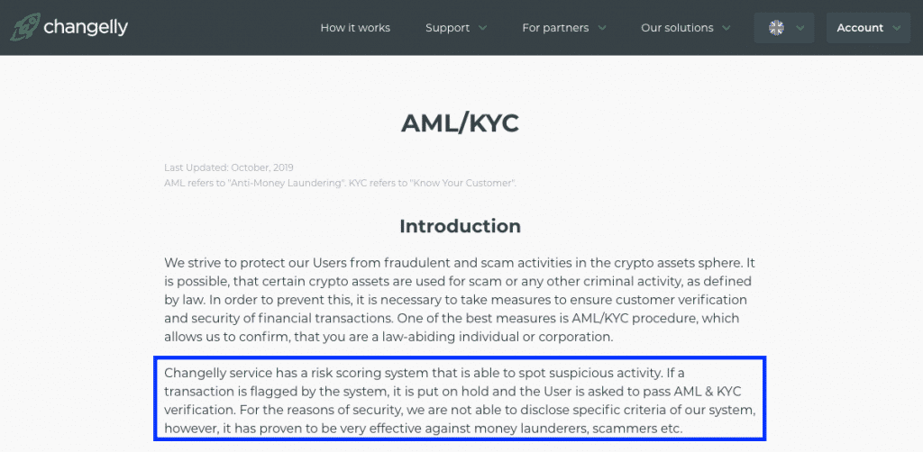 KYC info on changelly screenshot
