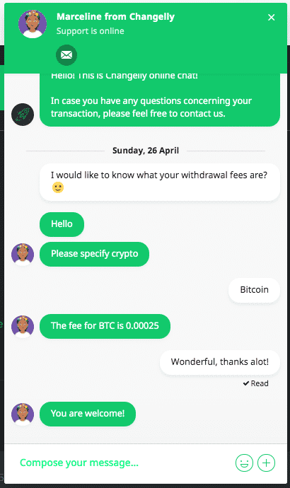 changelly live chat screenshot