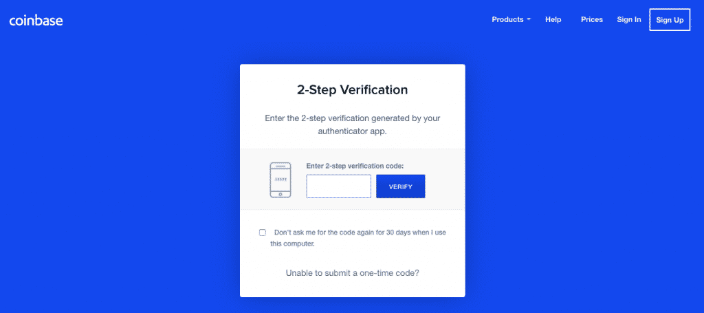 coinbase 2FA verification screenshot