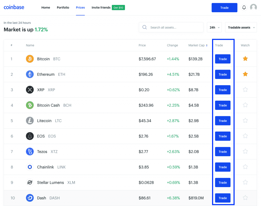 trade function on coinbase screenshot