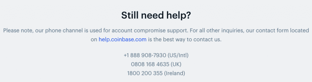 coinbase support section screenshot