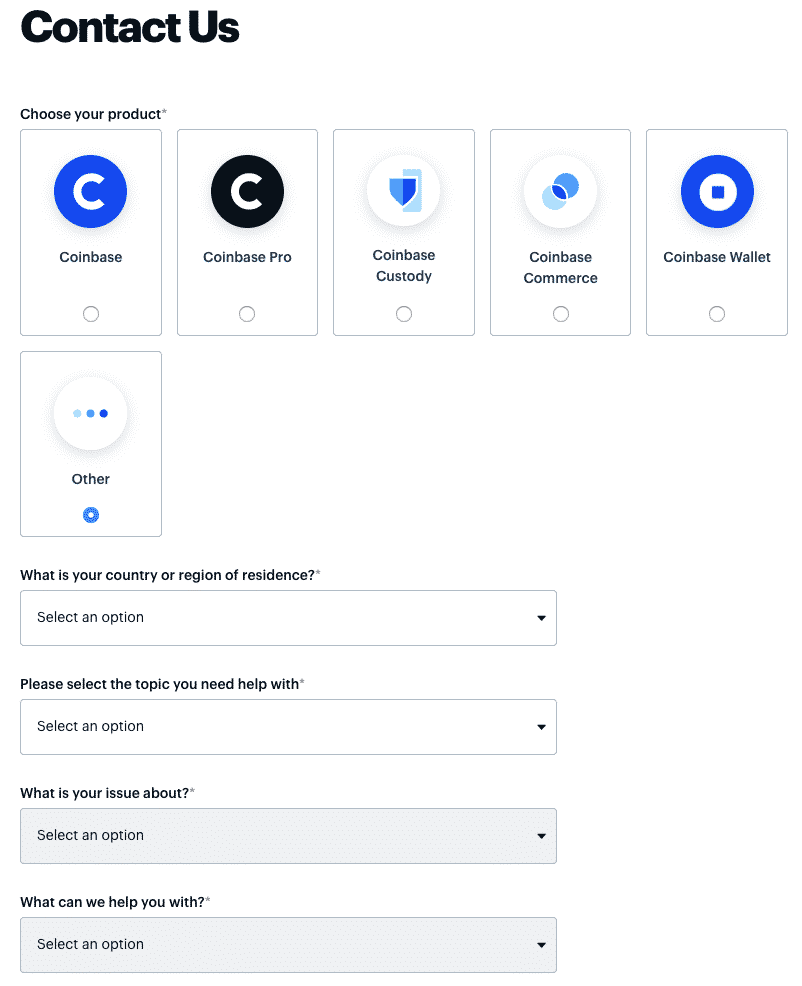 coinbase contact form screenshot