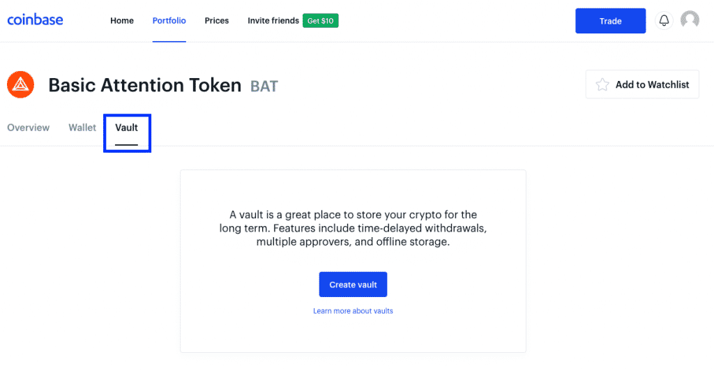 coinbase vault section screenshot
