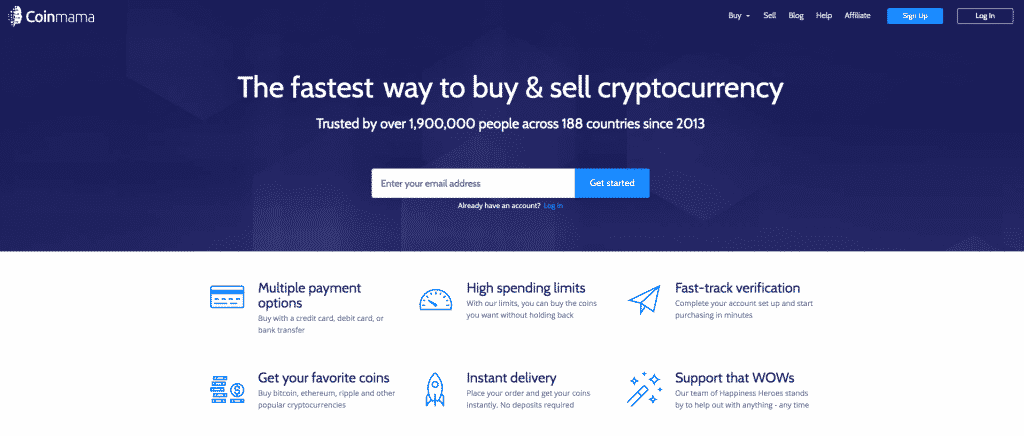 landing page on coinmama screenshot