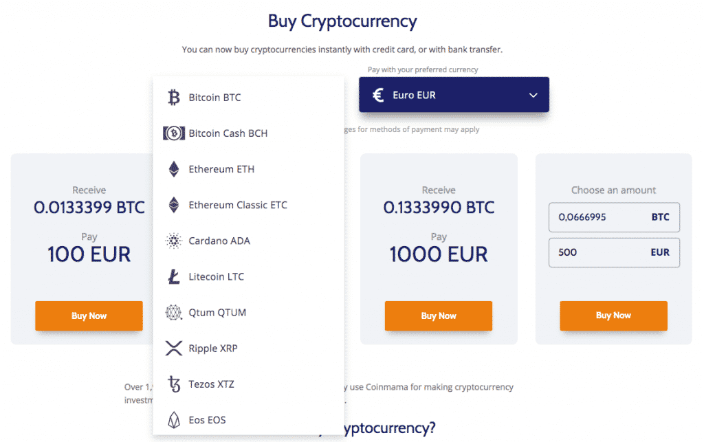 altcoin list screenshot on coinmama