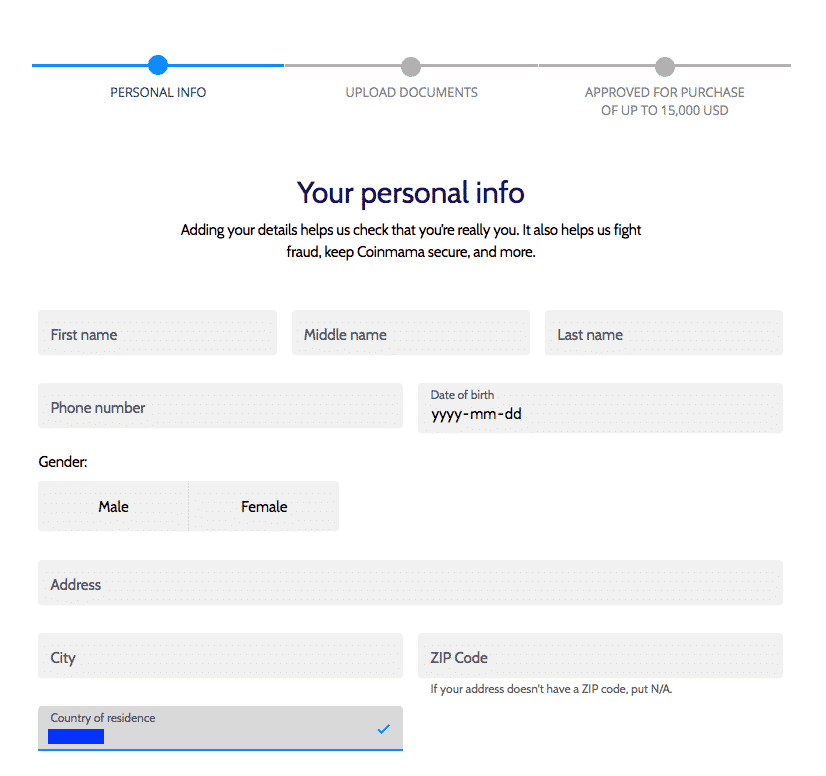 personal info form screenshot on coinmama