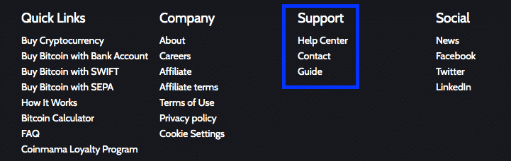 support section screenshot on coinmama