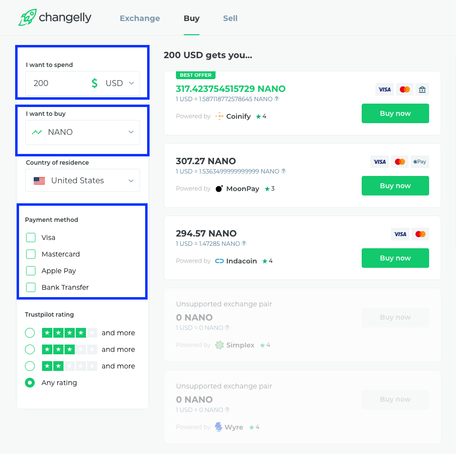payment page on changelly