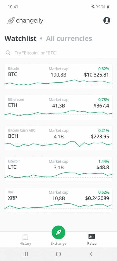 changelly investing app screenshot